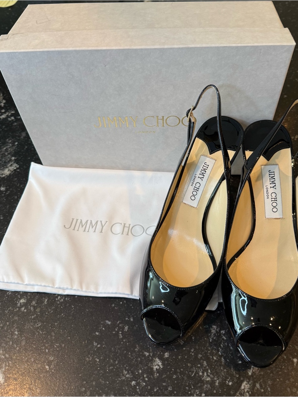 Jimmy Choo Nova Patent Leather Slingback Peep Toe Platform Heels Black Size 40